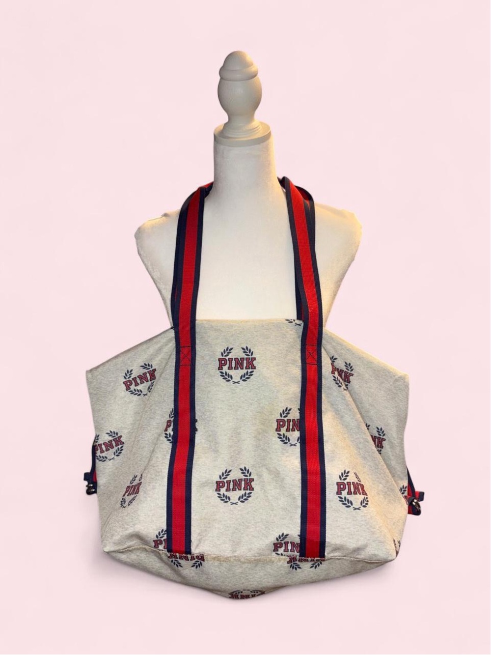 PINK Victoria's Secret Cream Canvas Tote with Red & Navy Straps